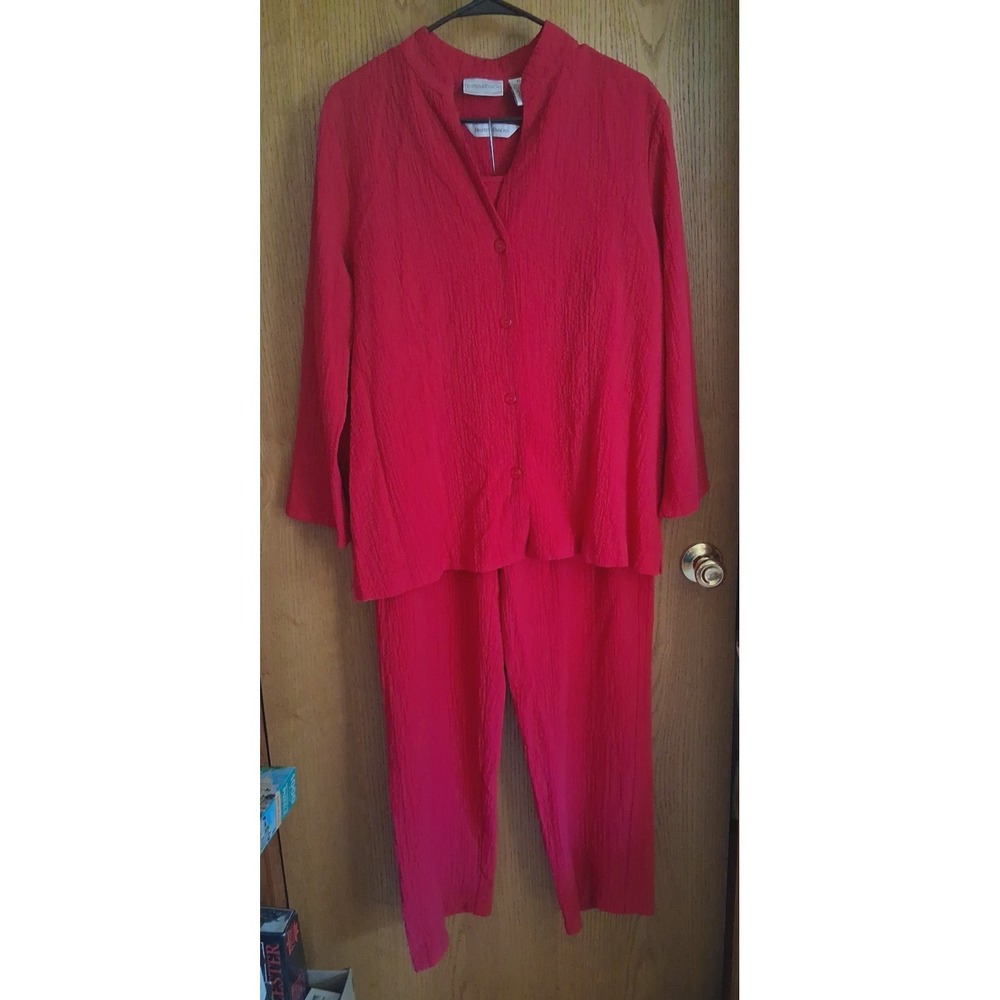 Drapers & Damons XL Dk Fuchsia Red 3 Piece Pant Suit Set Women's Crinkle Fabric